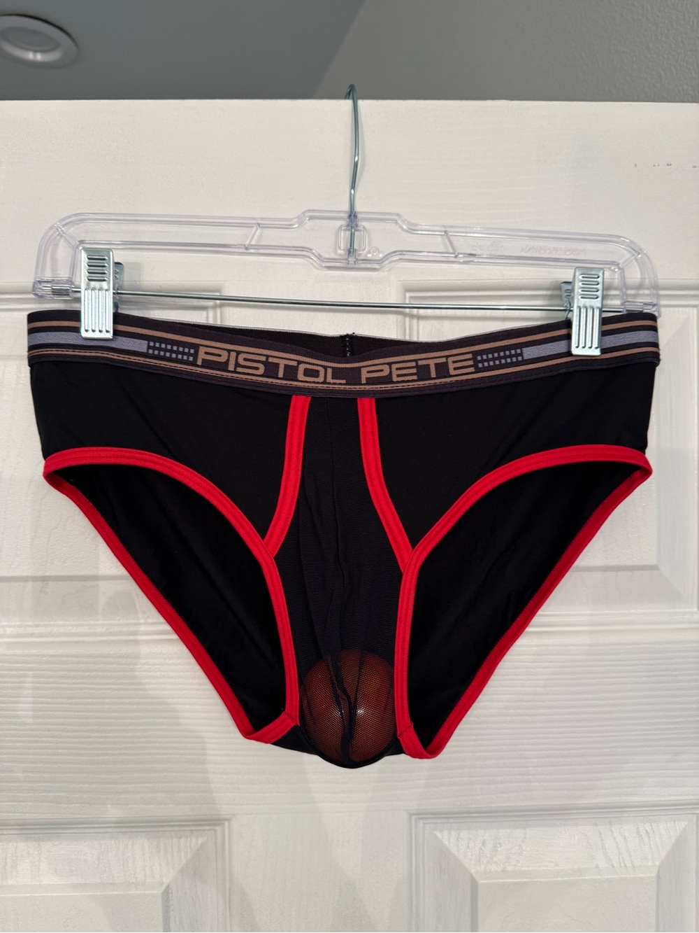 Pistol Pete Men's Black Briefs with mesh front panel and Red Trim - Med